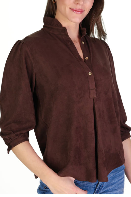 Ruffled Collar Buttoned Washable Suede Top