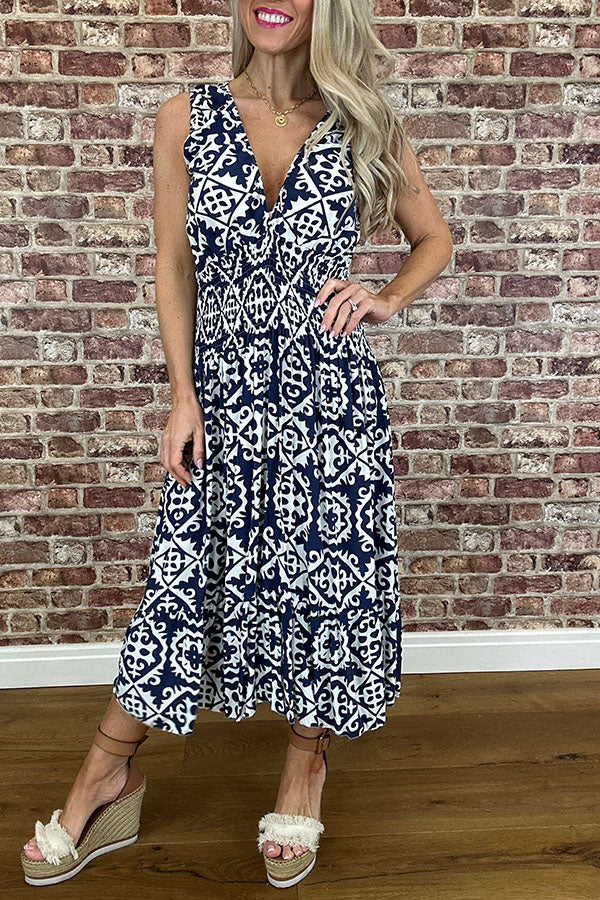 V-Neck Geometric Pattern Dress