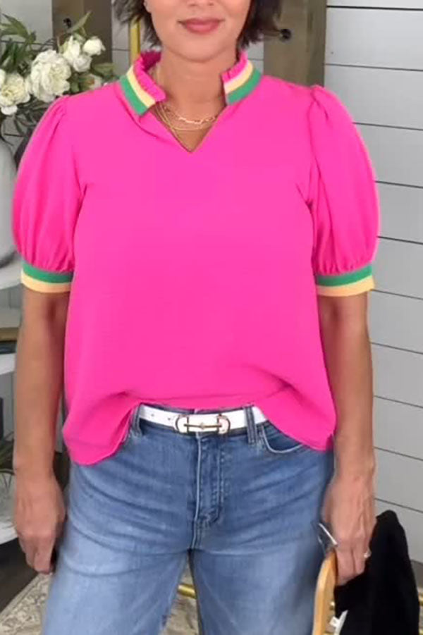 Casual V-Neck Puff Sleeve Top