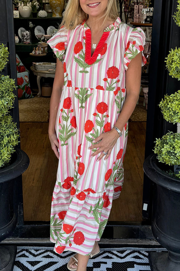 Striped Floral Ruffle Sleeve Pocket Dress
