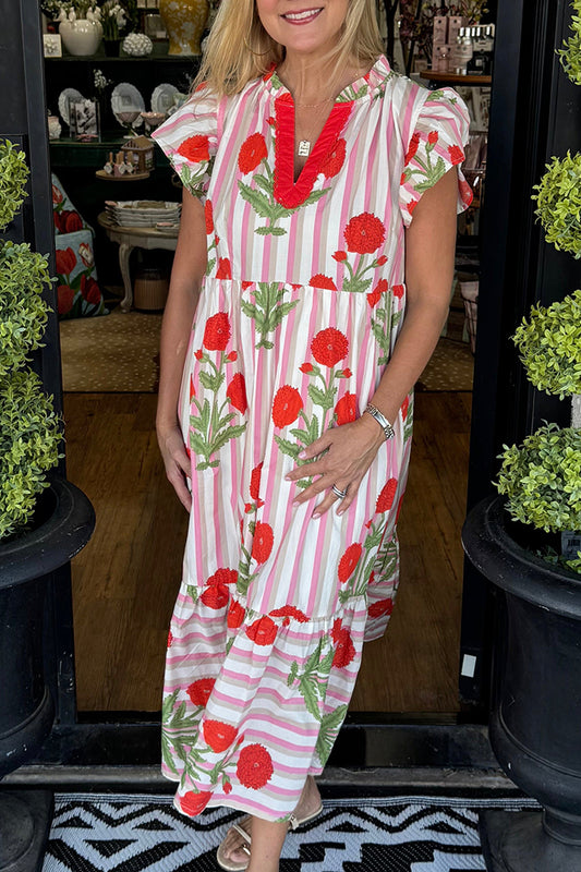 Striped Floral Ruffle Sleeve Pocket Dress