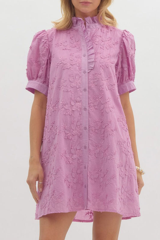Puff Sleeve Embroidered Pocket Dress