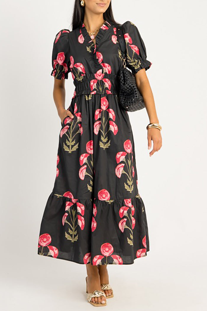 Floral Ruffle Collar Pockets Dress