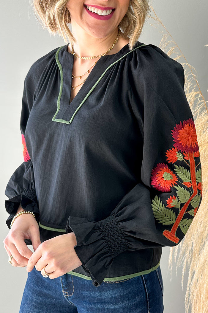 Casual V-Neck Embroidered Top