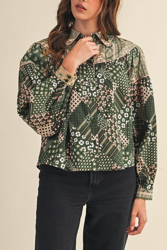 Mixed Patchwork Print Button Down Top