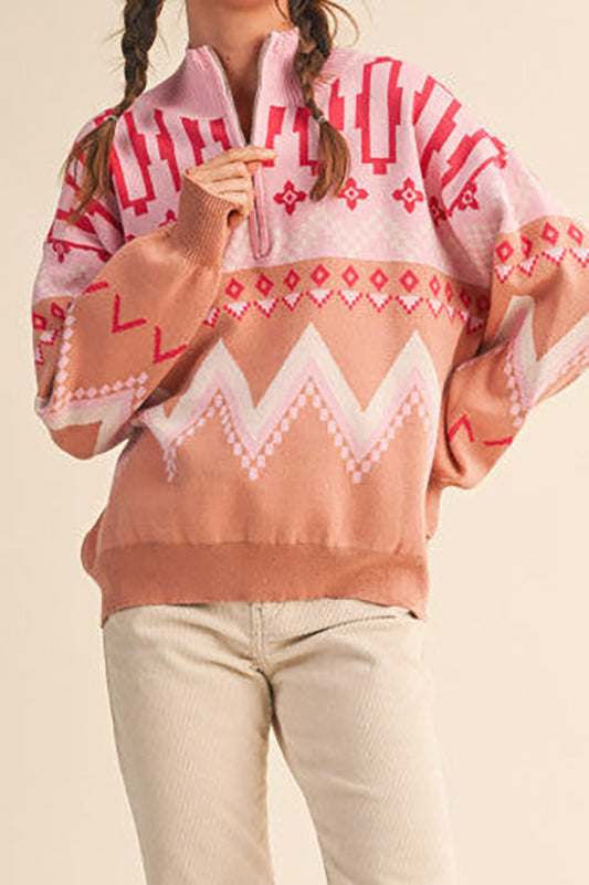 Patterned Half-Zip Fair Isle Knit Sweater