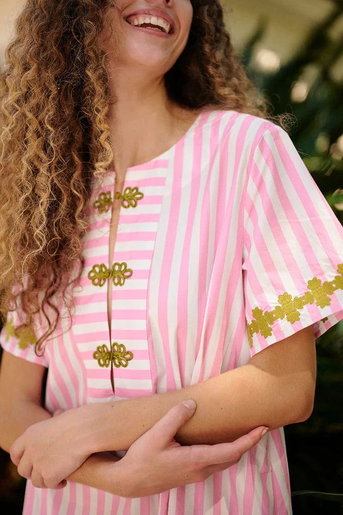Short Sleeve Stripe Embroidered Pocket Maxi Dress