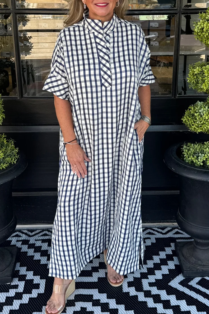 Checkered Short Sleeve Pocket Maxi Dress
