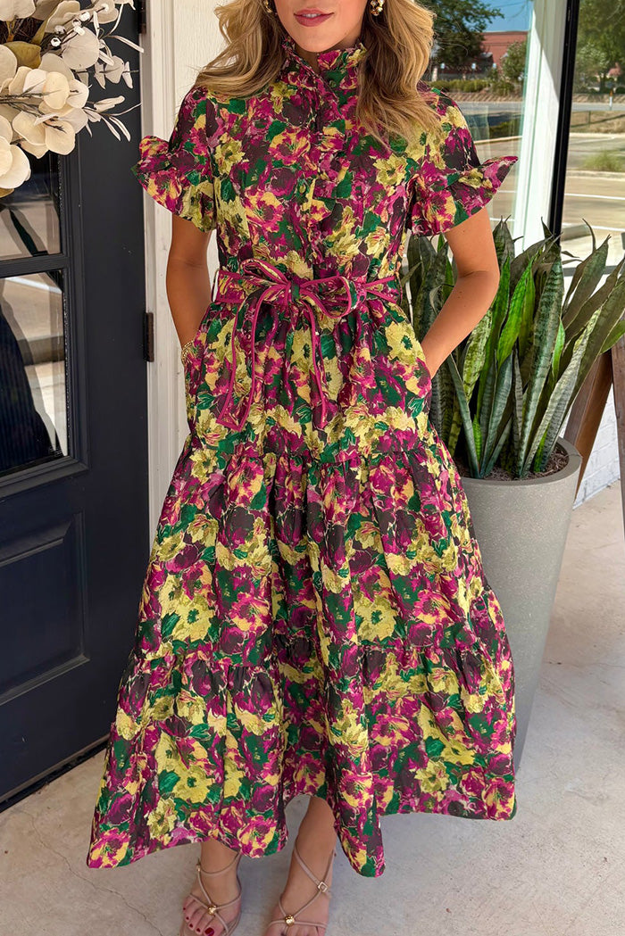 Pocketed Floral Jacquard Maxi Dress