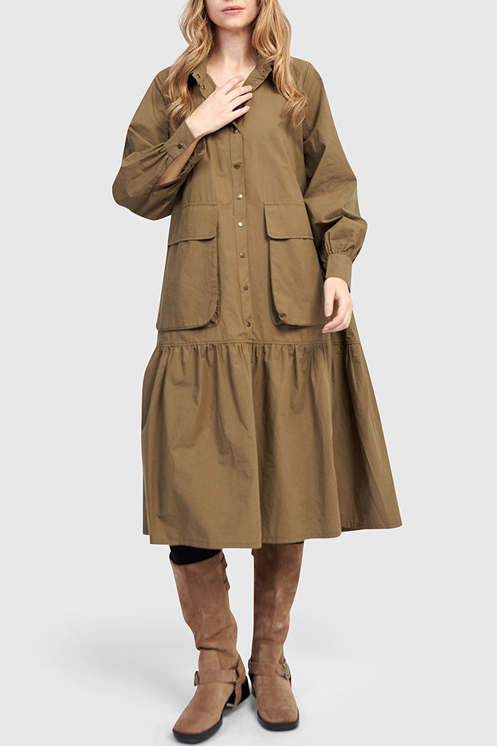 Button Front Ruffled Hem Pocketed Shirt Dress