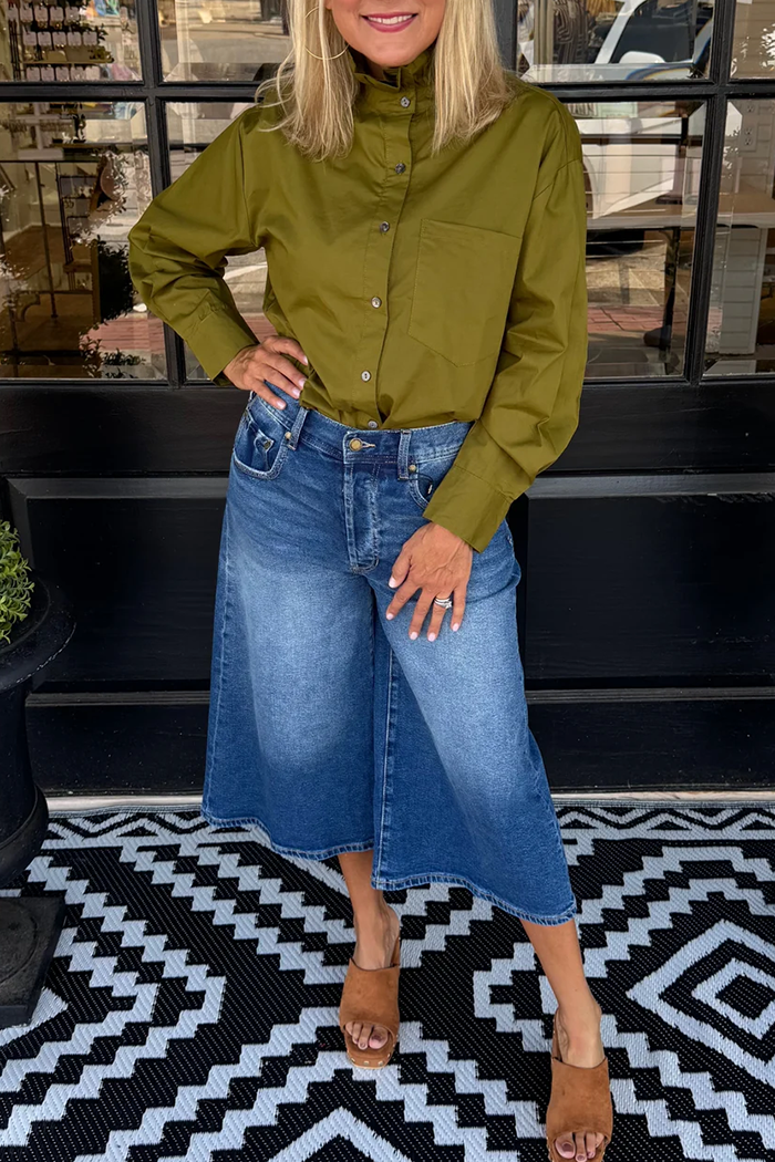Ruffle Collar Button Front Long Sleeve Top