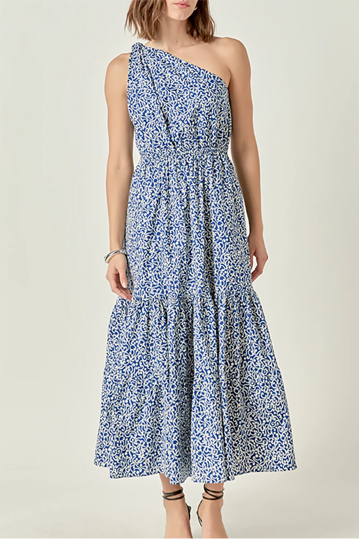 One Shoulder Printed Pocket Maxi Dress