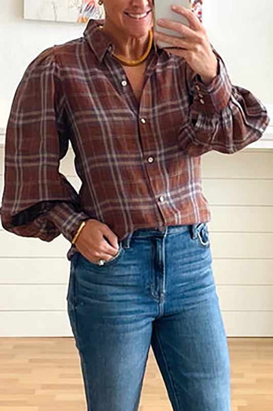 Plaid Scalloped Cuff Detail Blouse