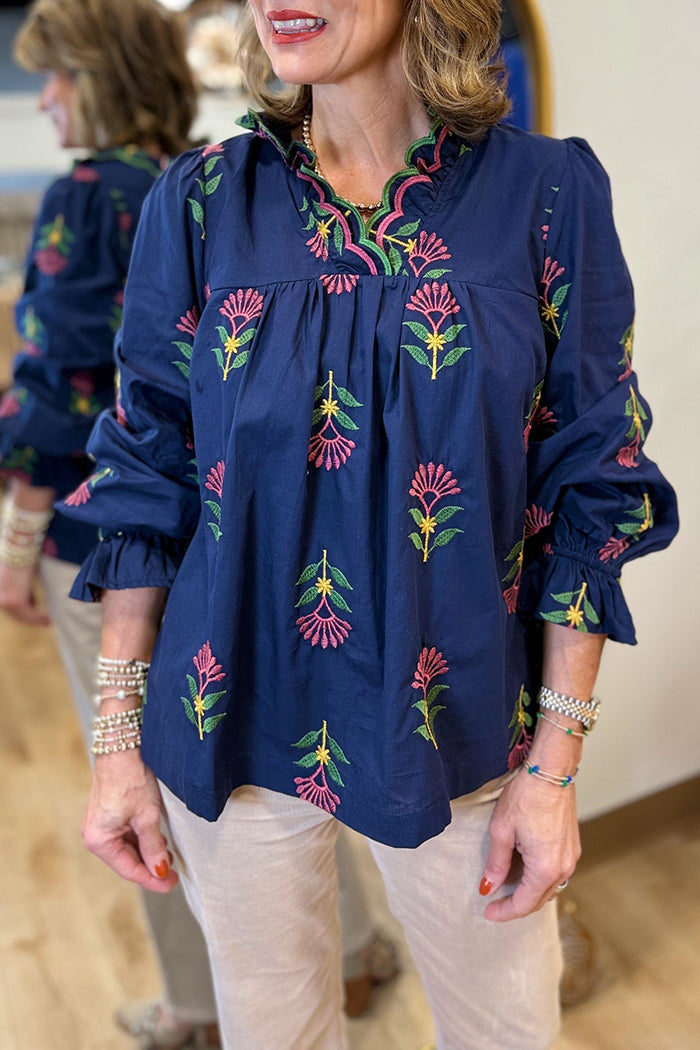 Embroidered Floral Ruffle Neck Blouse