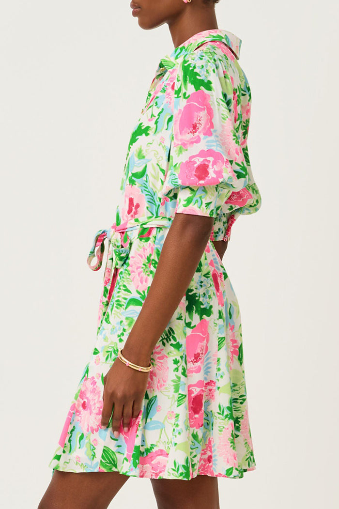 Belted Puff Sleeve Button Front Floral Dress