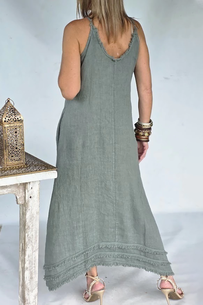 Fringe Neck Hem Pocket Maxi Dress