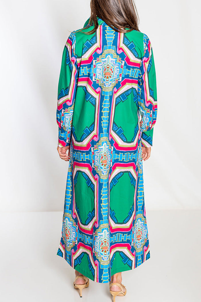 Geometric Print Collared Long Balloon Sleeve Maxi Dress