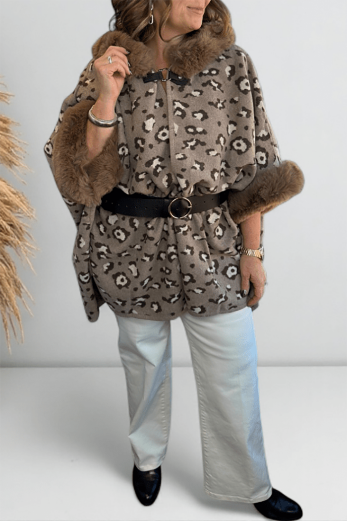 Leopard Print Faux Fur Trim Jacket