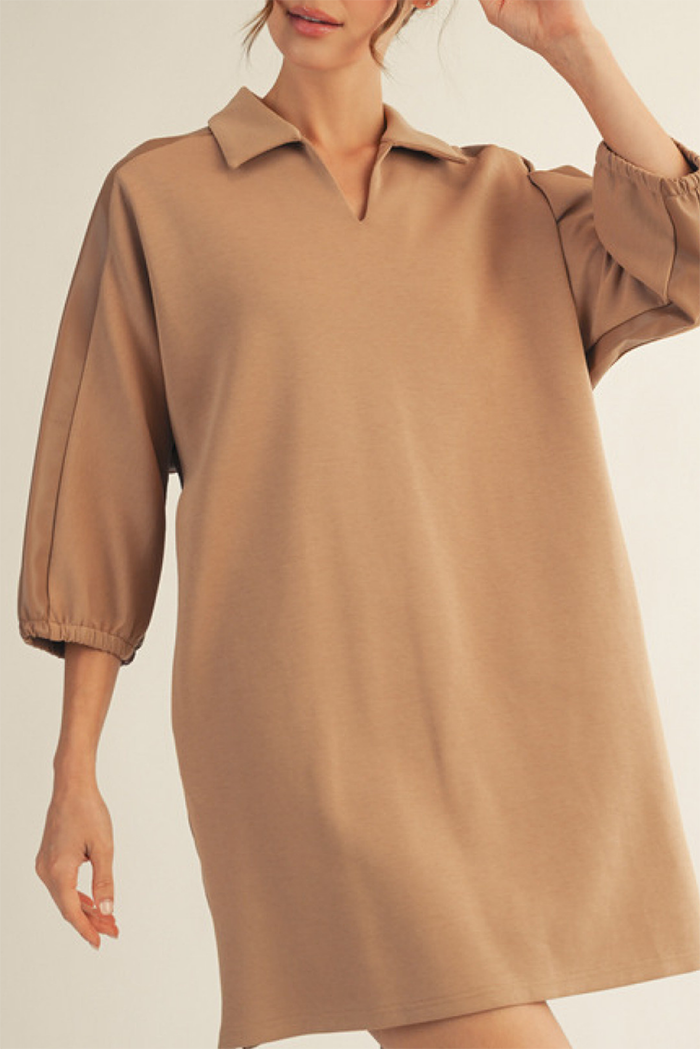 Leather Trimmed Pockets Collared Dress