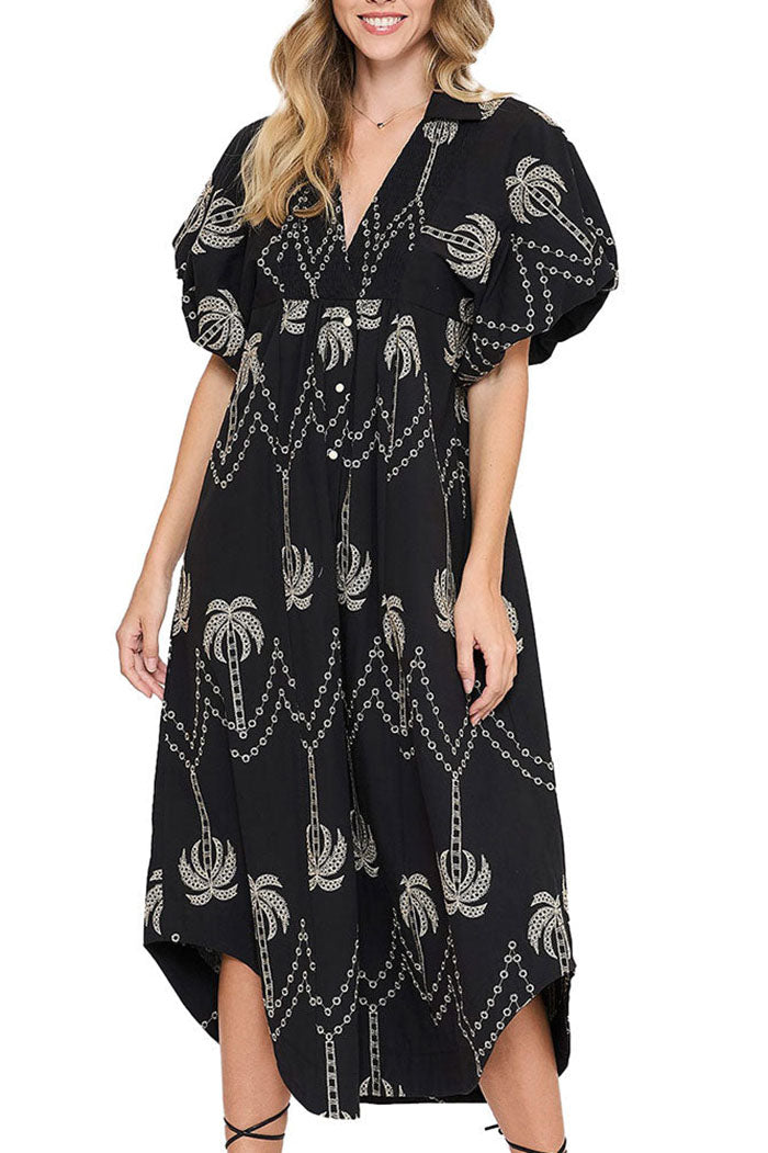 Embroidery Print Puff Sleeves Dress