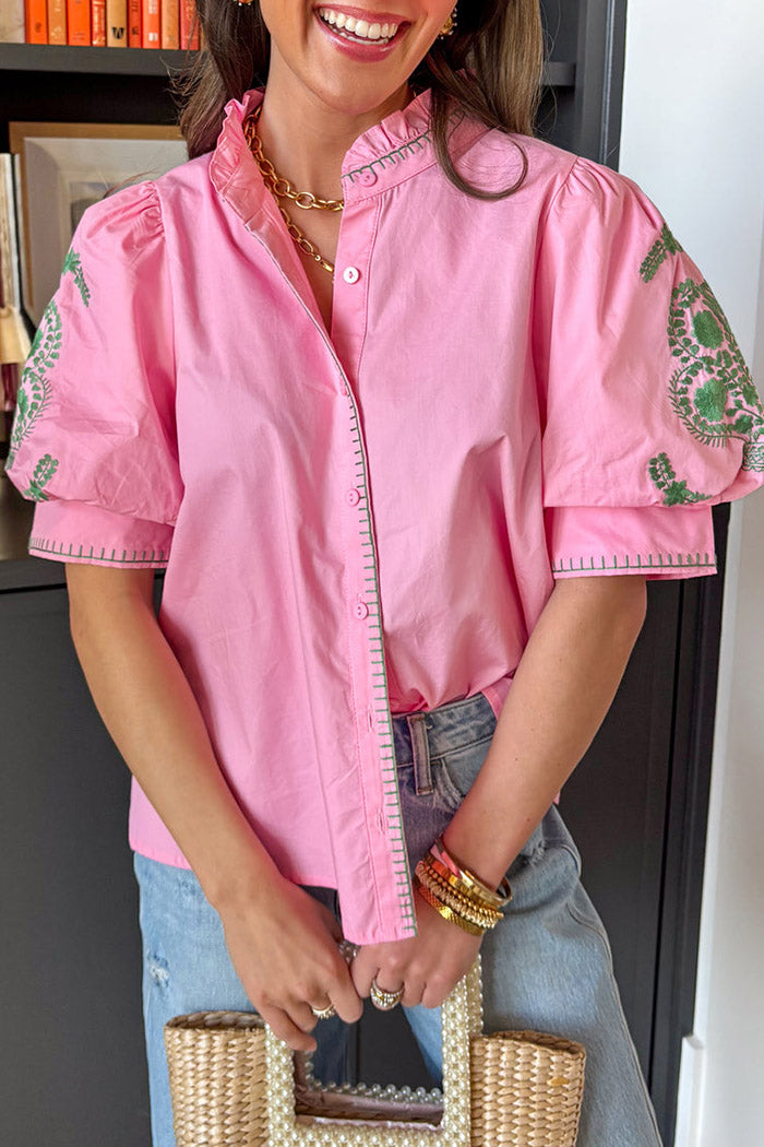 Ruffle Trim Puff Sleeve Top