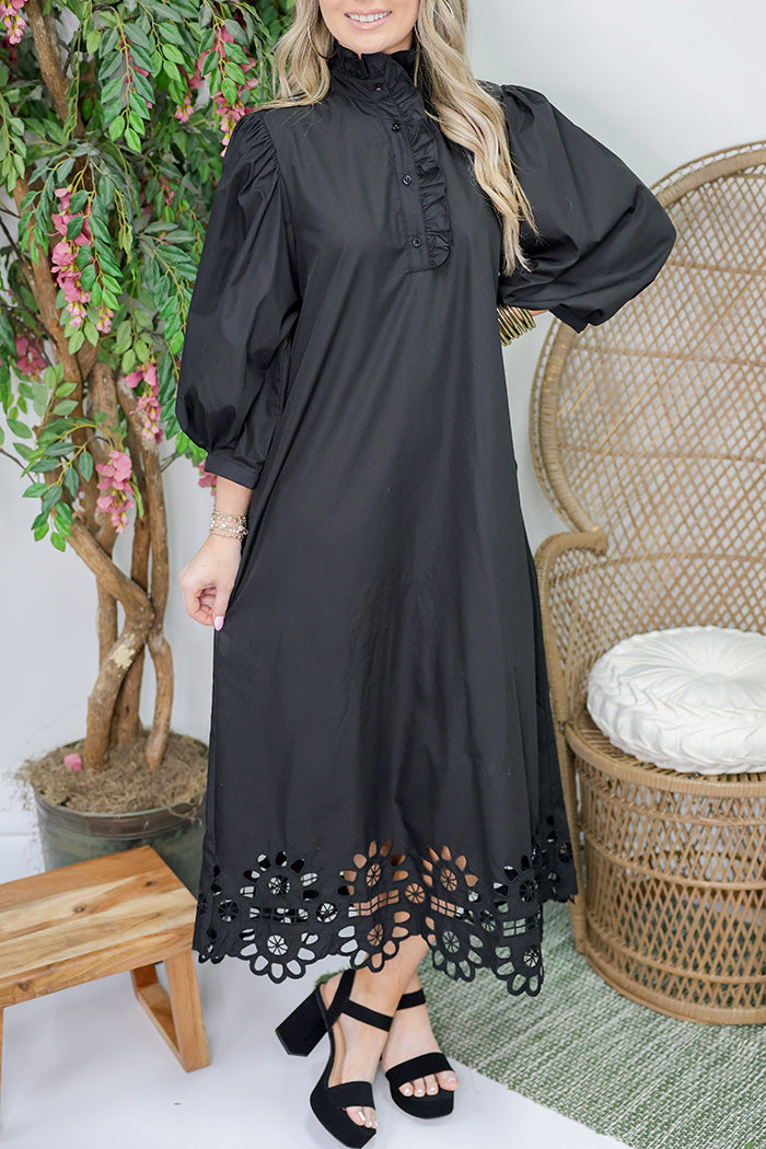 Scallop Cutout Hem Puff Sleeve Pocket Midi Dress