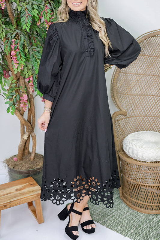 Scallop Cutout Hem Puff Sleeve Pocket Midi Dress