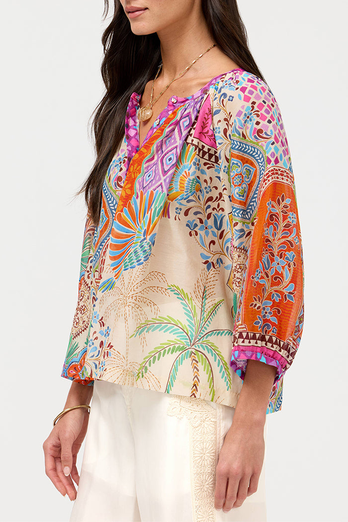 Boho Patchwork Paisley Raglan Elbow Sleeve Casual Top