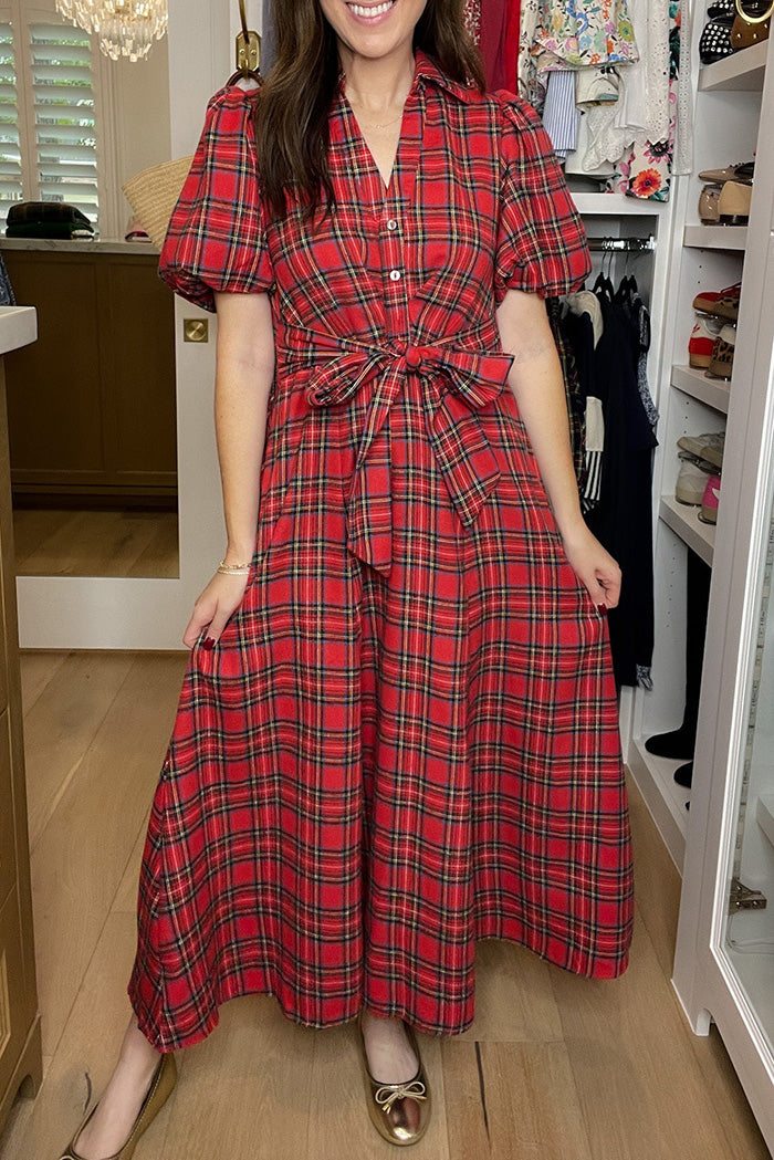 Pocketed Tie Waist Plaid Puff Sleeve Midi Dress