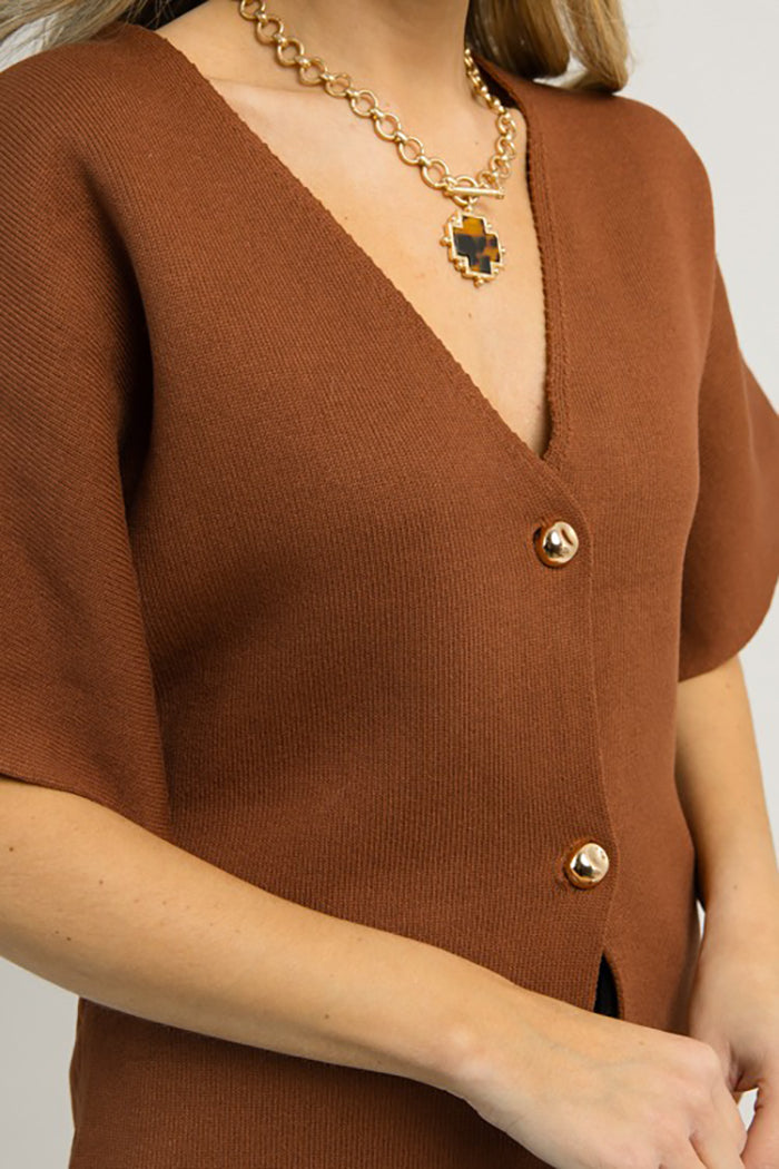 Brown V-Neck Buttoned Cardigan