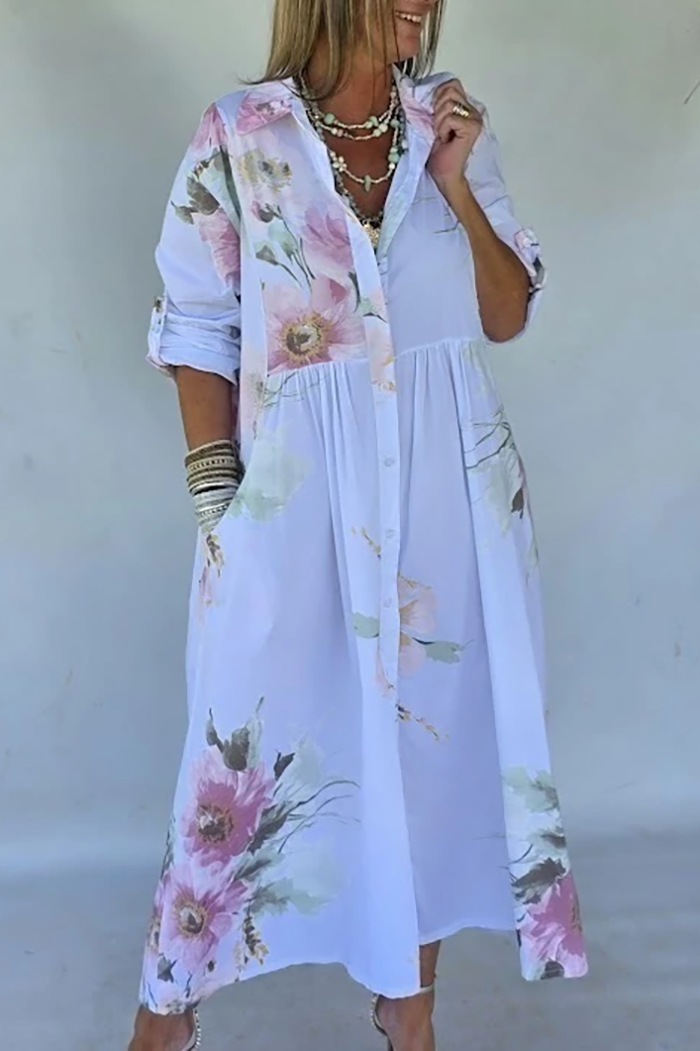 Floral Print Pocket Shirt Maxi Dress