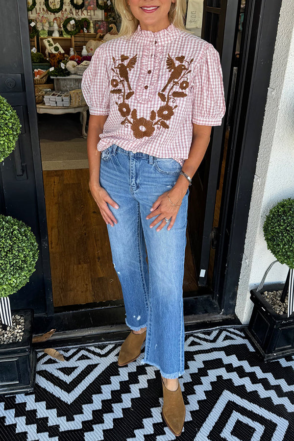 Embroidered Checked Puff Sleeve Top