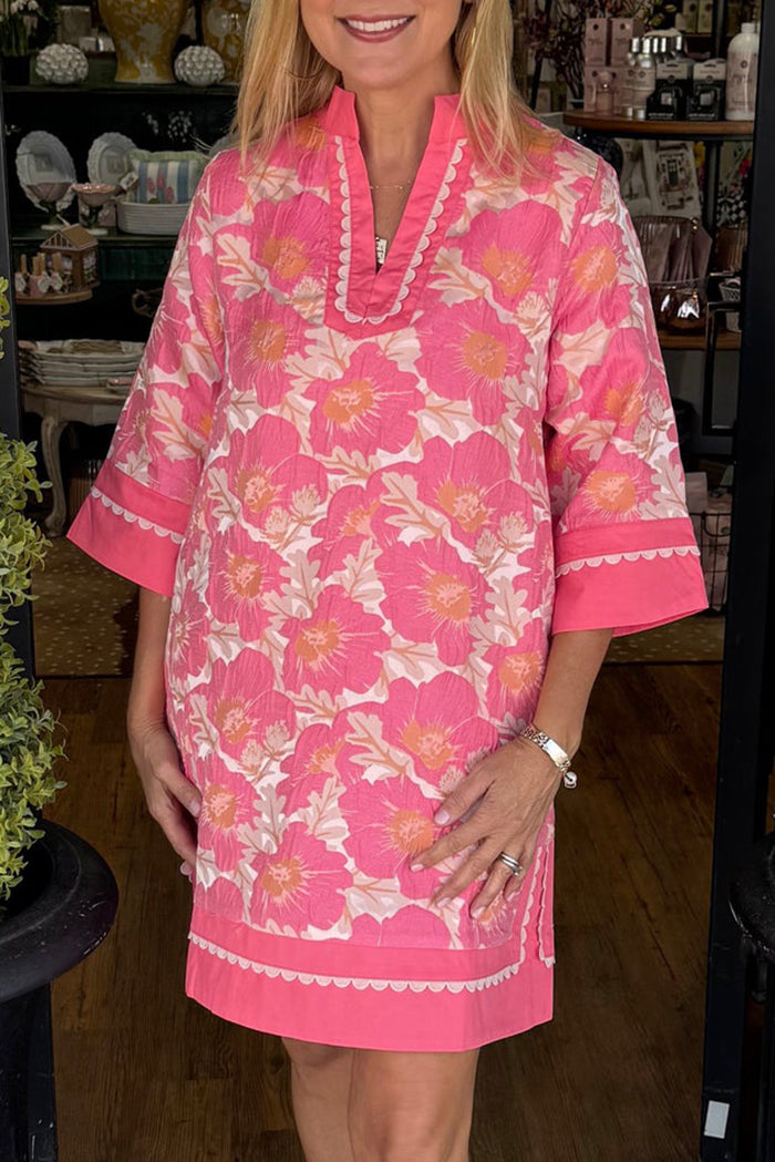 Casual Floral Scallop Trim Tunic Dress