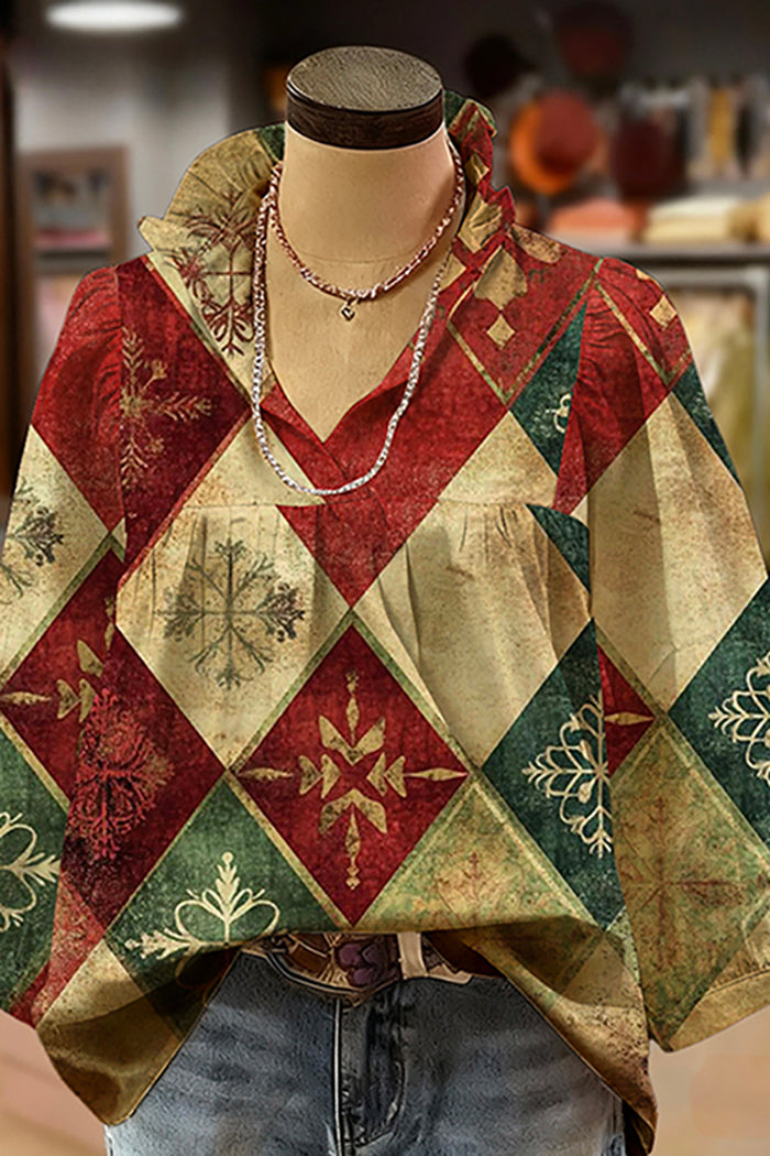 Print Ruffled V-Neck Puff-Sleeve Blouse