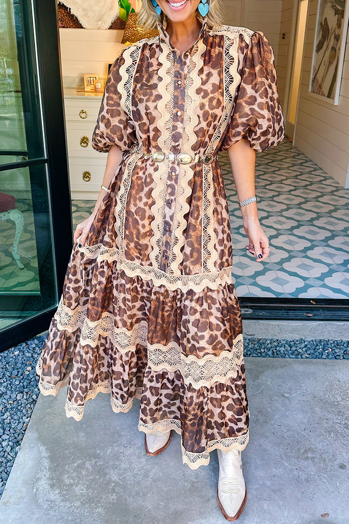 Leopard Lace Button Front Belted Midi Dress
