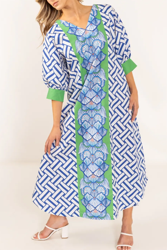 3/4 Cuffed Sleeve Color Block Printed Pocket Maxi Dress