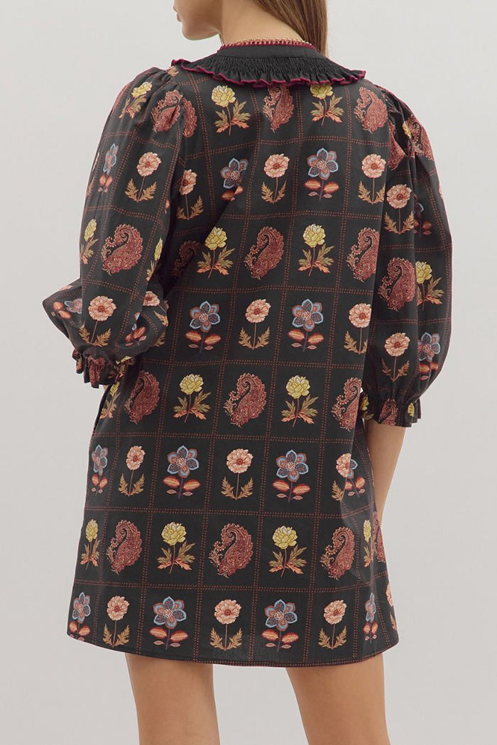 3/4 Puff Sleeve Smocked Pocketed Floral Mini Dress