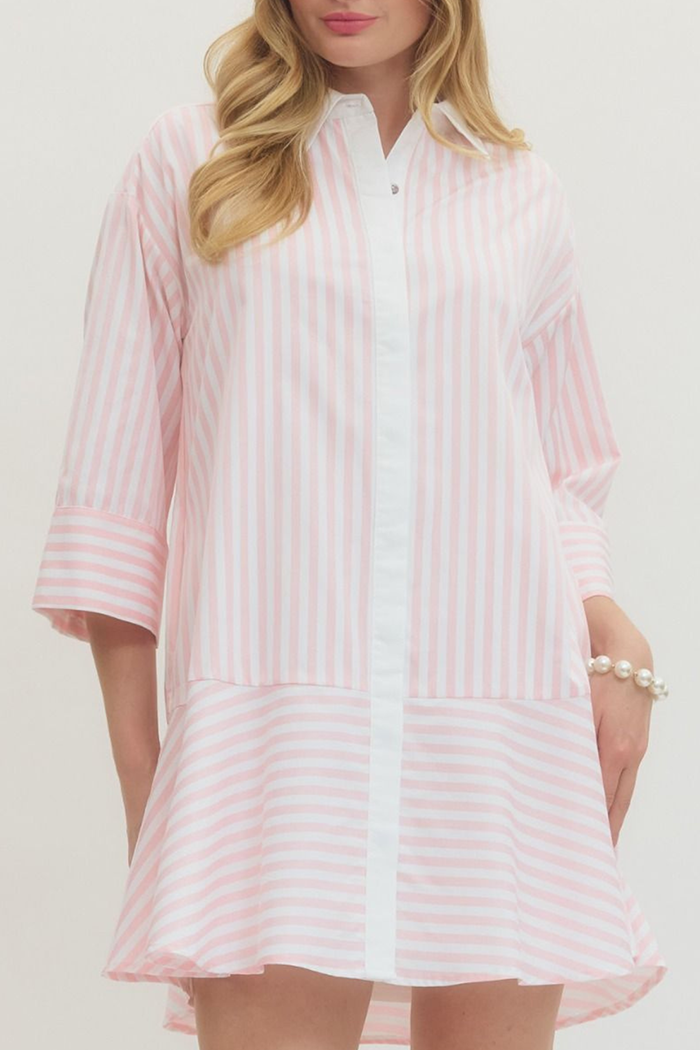 3/4 Sleeve Swing Hem Stripe Shirt Dress