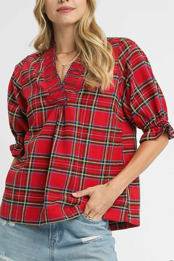 Plaid Smocked V-Neck Flannel Top