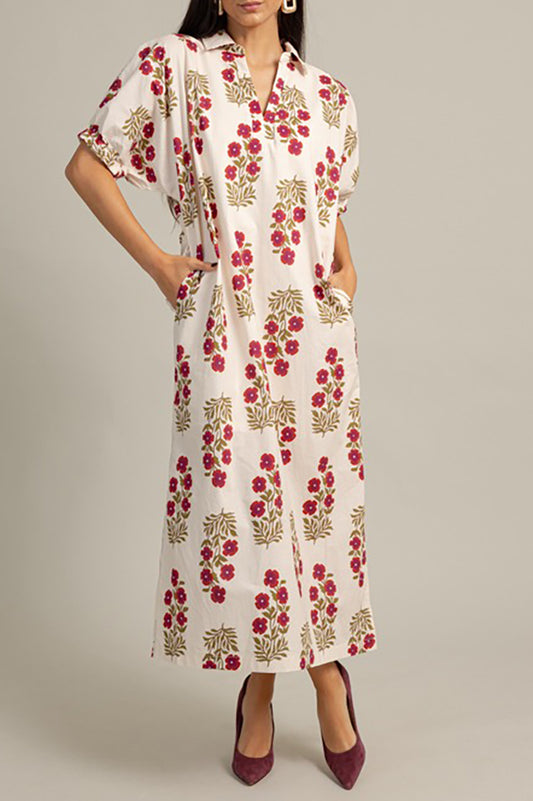 Floral Print Puff-Sleeve Split Maxi Dress