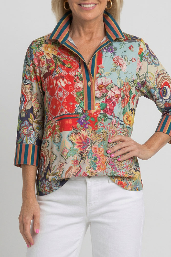 Multi Floral Striped Trim Collar Shirt
