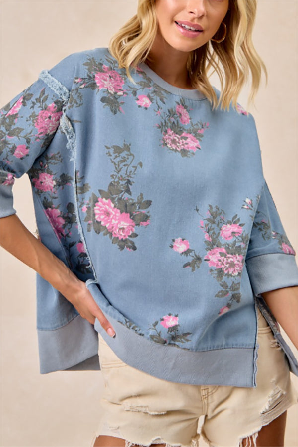 Casual Denim Floral Top