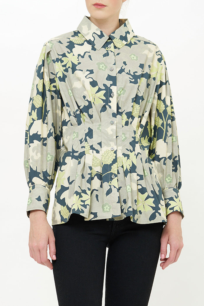 Suzani Print Fitted Waist Ruffled Hem Button Top