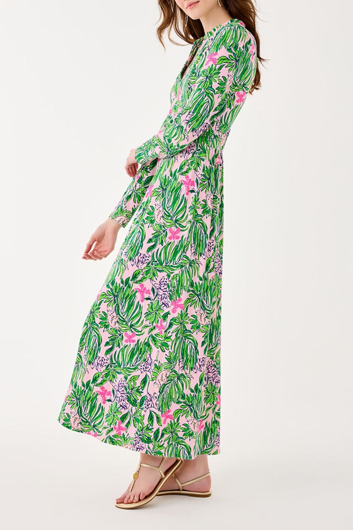 V-Neck Long Sleeves Print Midi Dress