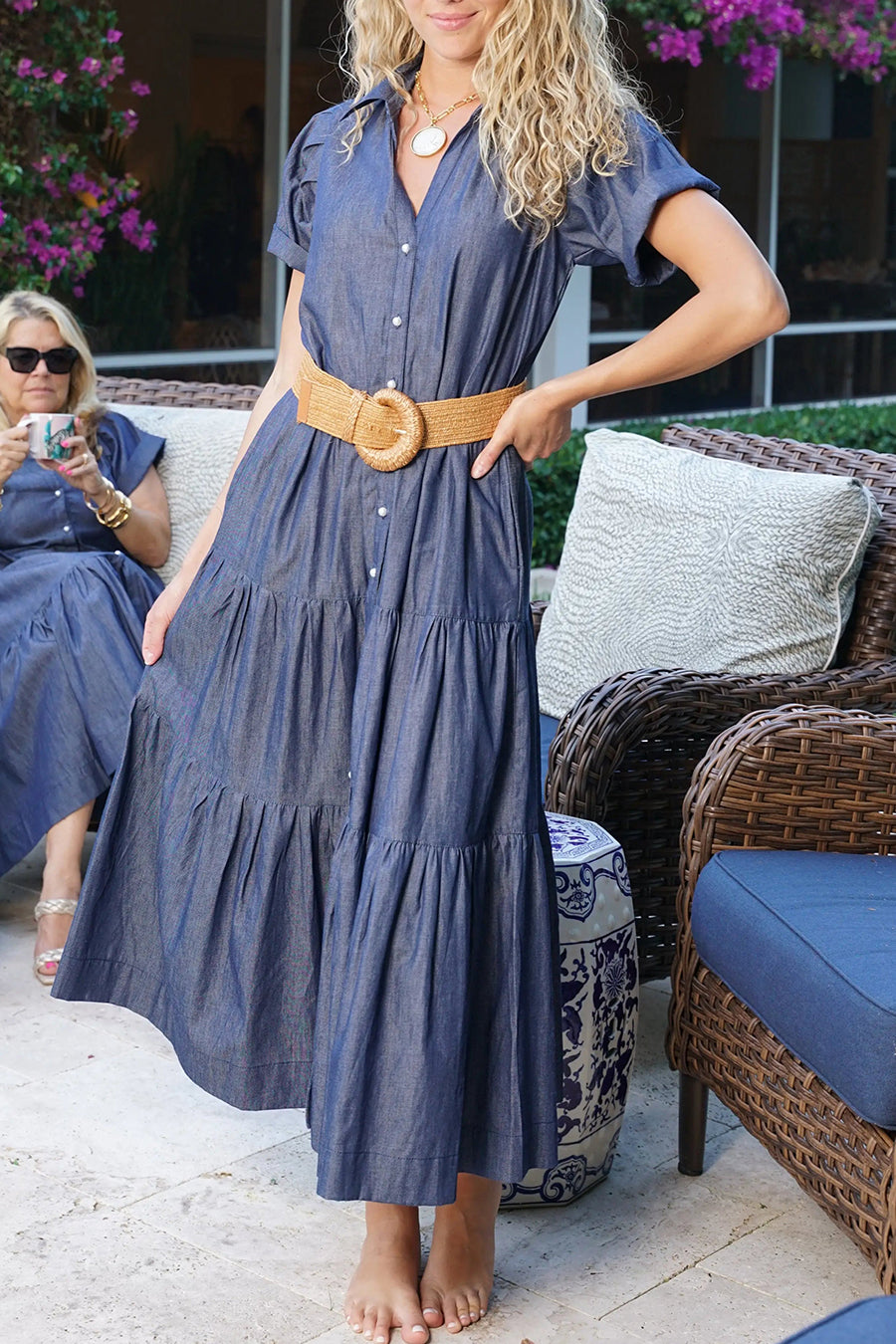 Ruffles Hem Tie Denim Dress