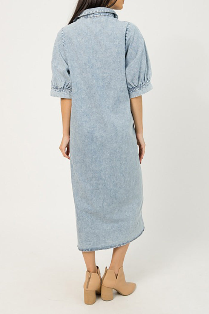 Washed Denim Collared Midi Dress