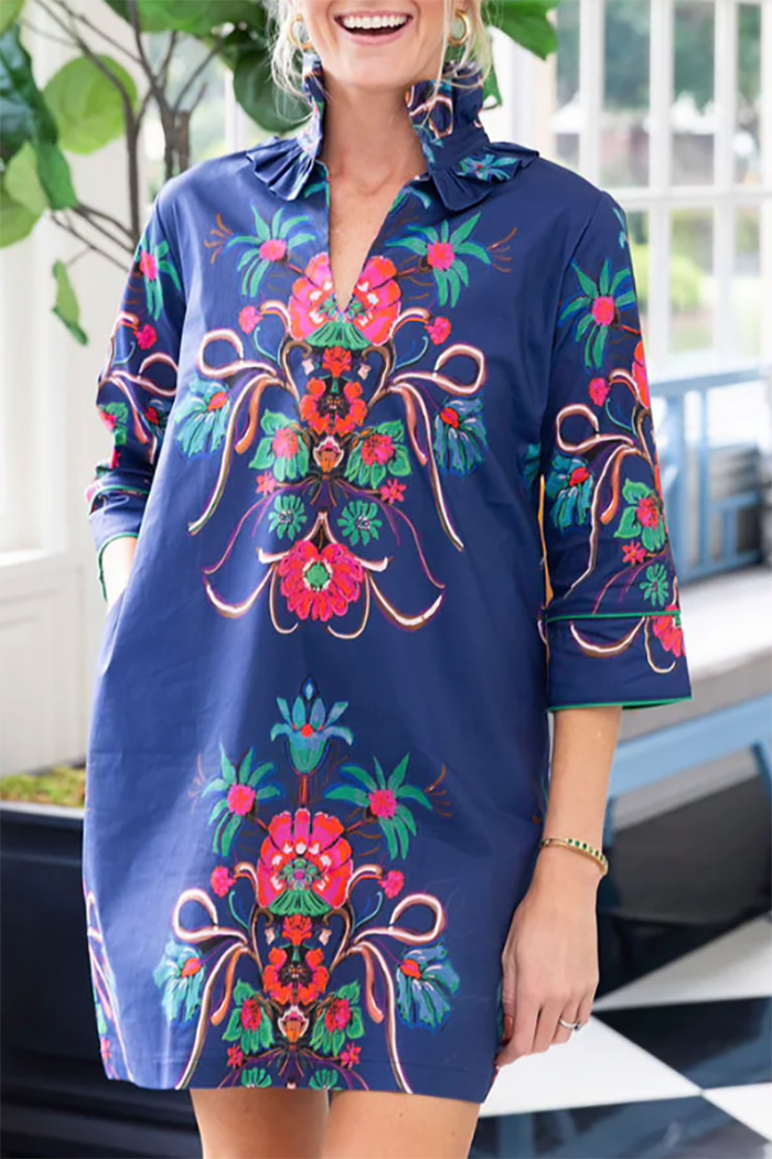 Ruffled Collar Pocketed Floral  Dress