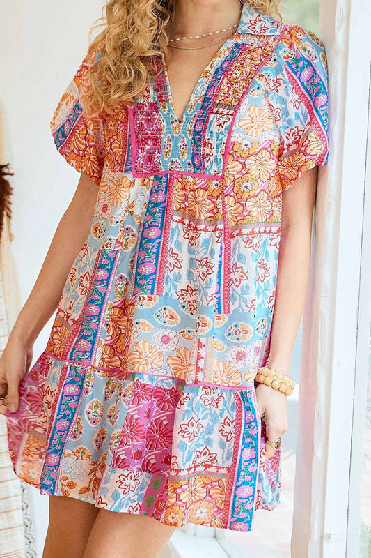 Patchwork Print Puff Sleeve Dress