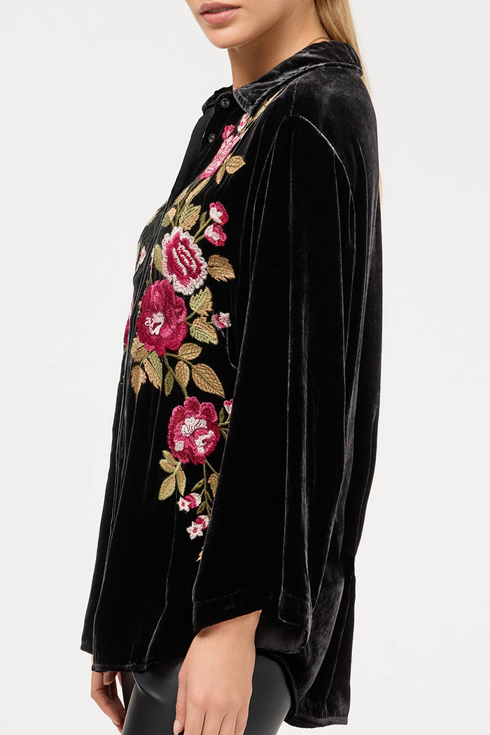 Velvet Rose Embroidery Button Top