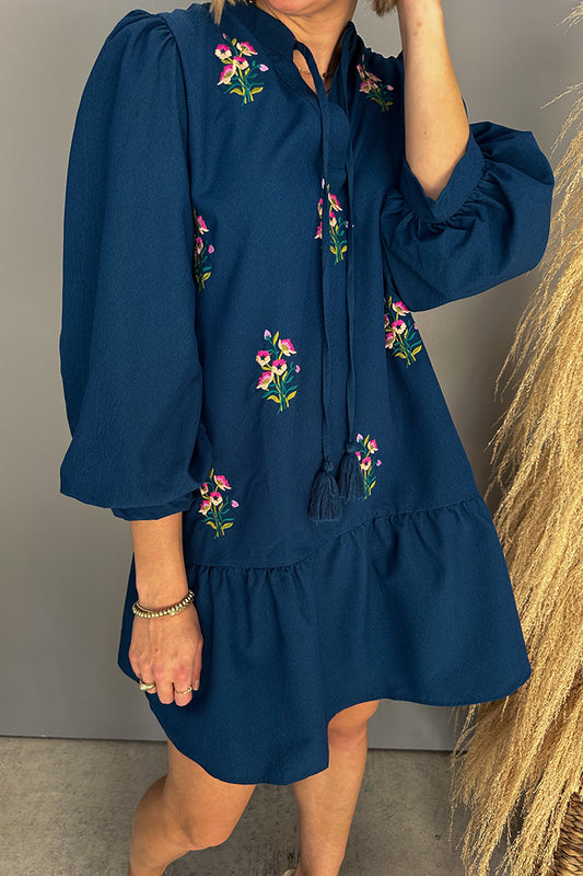 Navy Blue Floral Embroidered Puff-Sleeve Tiered Mini Dress